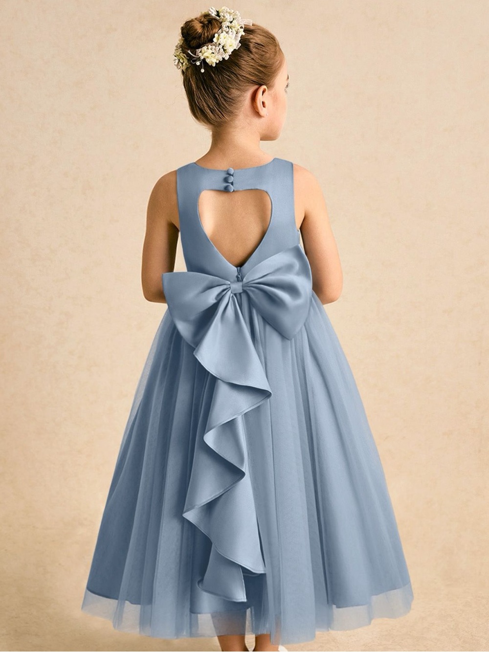Azazie Dusty Blue Girls' Tulle Dress with Heart Back & Bow